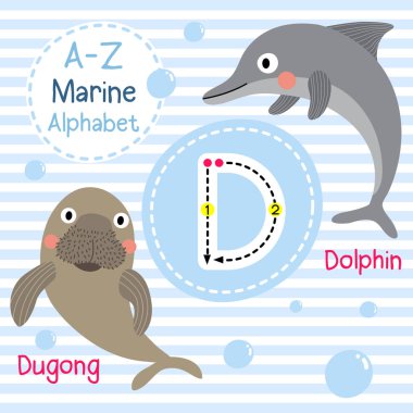 D harfi izleme. Yunus. Dugong, ne kadar iyi. Sevimli çocuklar deniz deniz alfabesi flashcard. Komik çizgi film hayvanı. Çocuklar abc eğitim. İngilizce kelime öğrenme. Vektör çizimi.