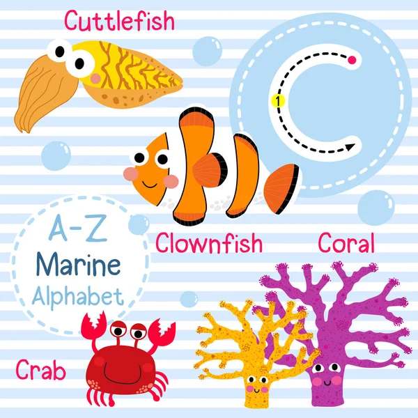 Śledzenia Liter Krab Coral Clownfish Mątwy Cute Dzieci Morze Morskie — Wektor stockowy