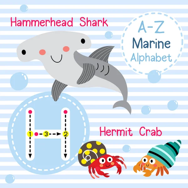 H harfi izleme. Hermit Yengeç. Çekiç Başlı Köpekbalığı. Sevimli çocuklar deniz deniz alfabesi flashcard. Komik çizgi film hayvanı. Çocuklar abc eğitim. İngilizce kelime öğrenme. Vektör çizimi.