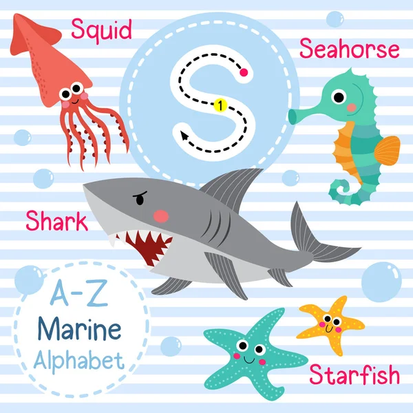 Śledzenia Liter Rekin Squid Rozgwiazdy Seahorse Cute Dzieci Morski Morski — Wektor stockowy