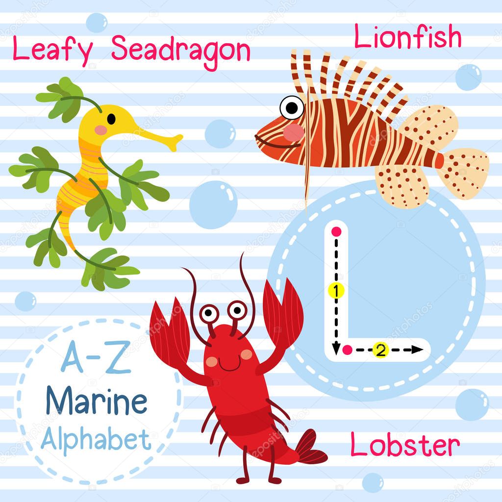 L letter tracing. Lobster. Lionfish. Leafy Seadragon. Cute children sea marine alphabet flashcard. Funny cartoon animal. Kids abc education. Learning English vocabulary. Vector illustration.