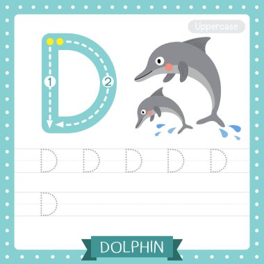 D harfi büyük çocuklar için renkli hayvanat bahçesi ve hayvanlar için ABC alfabe iz sürme uygulaması İngilizce kelime dağarcığı ve el yazısı vektör çizimi öğrenen çocuklar için Yunus uygulaması.