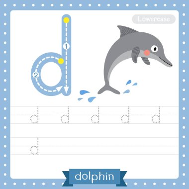 D harfi küçük çocuklar için renkli hayvanat bahçesi ve hayvanlar için ABC alfabe iz sürme uygulaması İngilizce kelime dağarcığı ve el yazısı vektör çizimi öğrenen çocuklar için Yunus uygulaması.