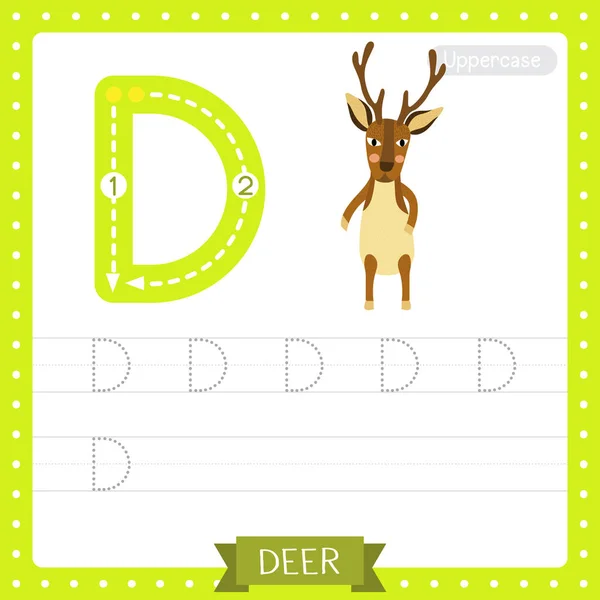 D大文字かわいい子供カラフルな動物園や動物Abcのアルファベット追跡練習ワークシートの鹿の2つの足の上に立って子供たち英語の語彙や手書きベクトルイラストを学ぶ — ストックベクタ