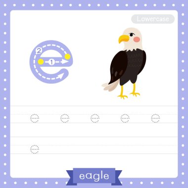E harfi küçük çocuklar için renkli hayvanat bahçesi ve ABC alfabesindeki hayvanlar İngilizce kelime dağarcığı ve el yazısı çizimi öğrenen çocuklar için Standing Eagle çalışma tablosu.