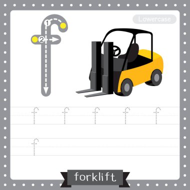 F harfi küçük çocuklar için renkli ulaşım ABC alfabe iz sürme alıştırması çocuklar için Forklift İngilizce kelime bilgisi ve el yazısı Vektör İllüstrasyonu.