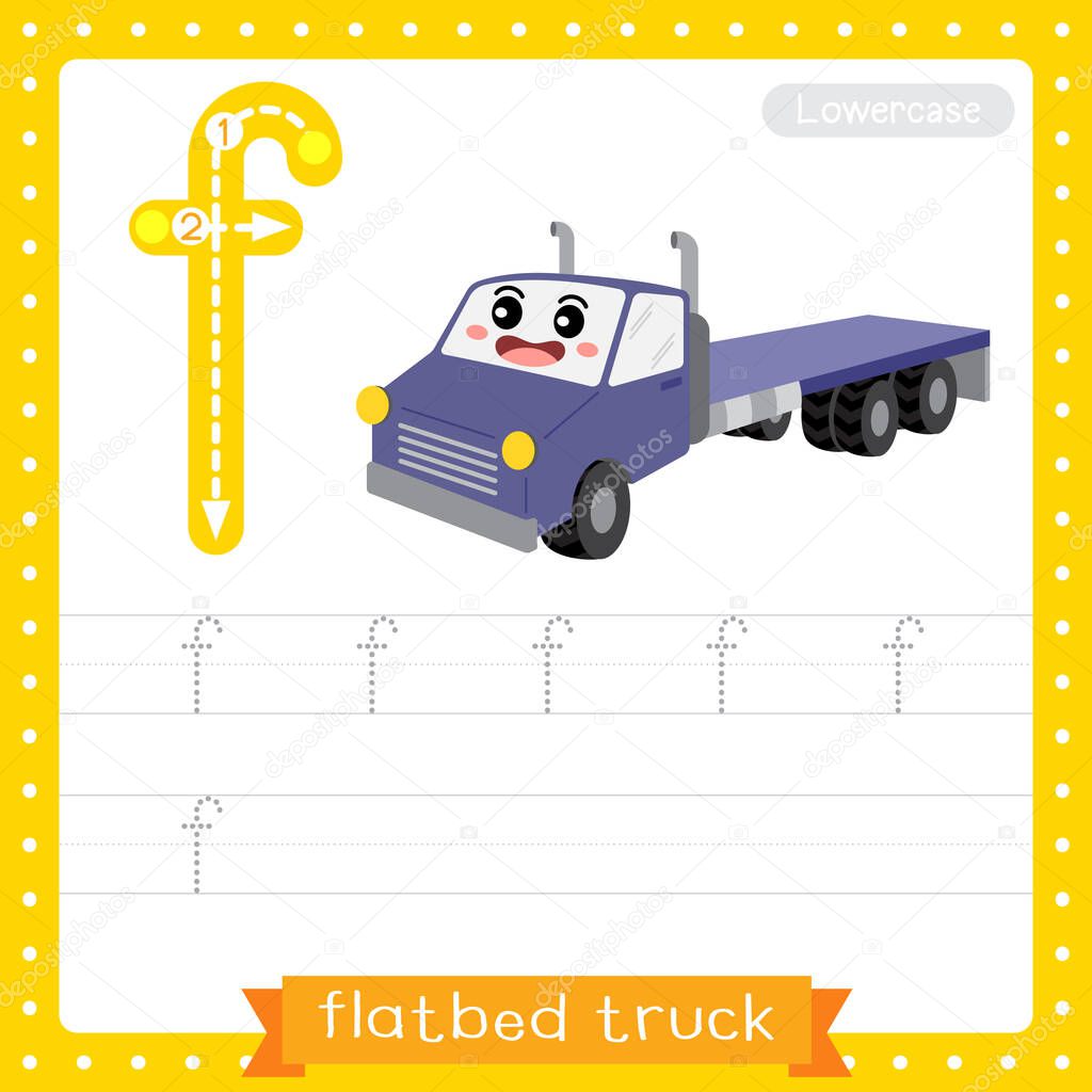 Letter F lowercase cute children colorful transportations ABC alphabet tracing practice worksheet of Flatbed Truck for kids learning English vocabulary and handwriting Vector Illustration.