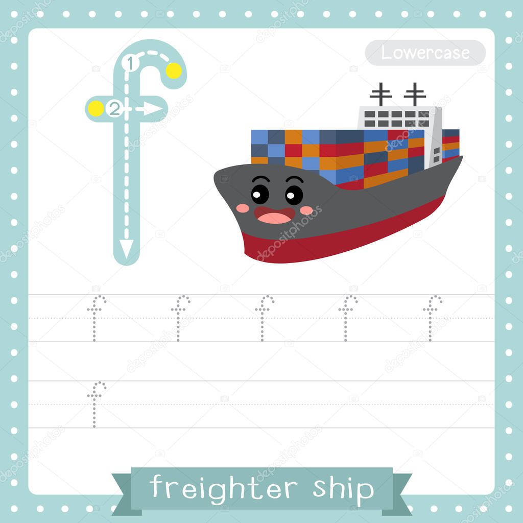 Letter F lowercase cute children colorful transportations ABC alphabet tracing practice worksheet of Freighter Ship for kids learning English vocabulary and handwriting Vector Illustration.