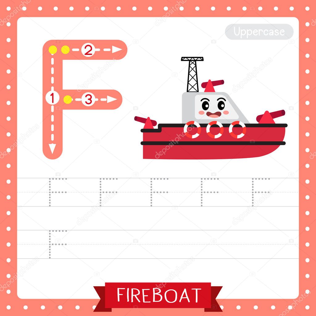 Letter F uppercase cute children colorful transportations ABC alphabet tracing practice worksheet of Fireboat for kids learning English vocabulary and handwriting Vector Illustration.