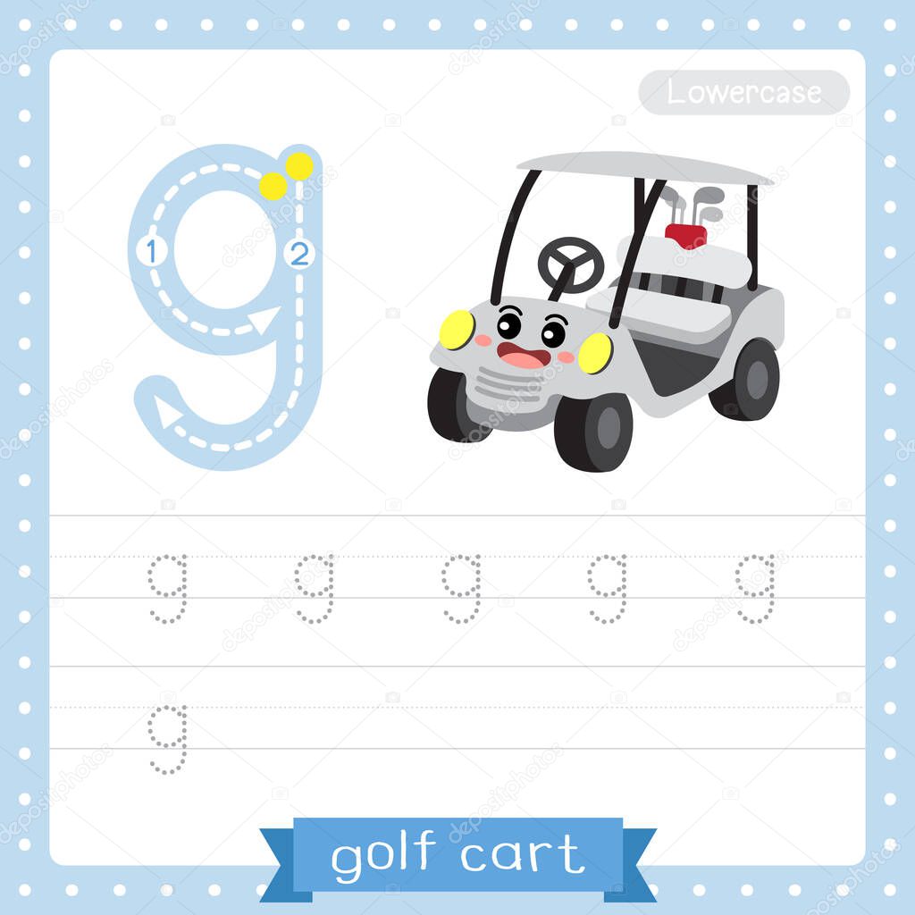 Letter G lowercase cute children colorful transportations ABC alphabet tracing practice worksheet of Golf Cart for kids learning English vocabulary and handwriting Vector Illustration.