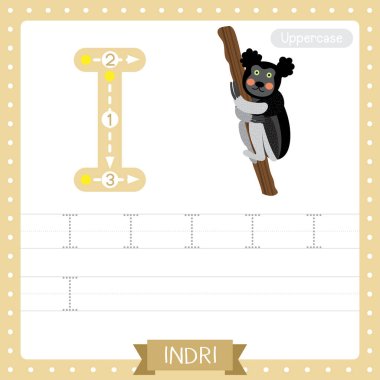 Letter I uppercase cute children colorful zoo and animals ABC alphabet tracing practice worksheet of Indri climbing a tree for kids learning English vocabulary and handwriting vector illustration. clipart