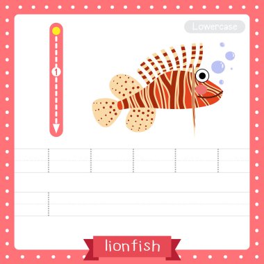 L harfi küçük çocuklar için renkli hayvanat bahçesi ve ABC alfabesindeki hayvanlar için İngilizce kelime dağarcığı ve el yazısı çizimi öğrenen çocuklar için Aslan Balığı çalışma tablosu..