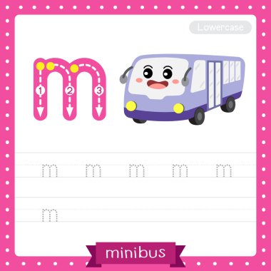 Letter M lowercase cute children colorful transportations ABC alphabet tracing practice worksheet of Minibus for kids learning English vocabulary and handwriting Vector Illustration. clipart