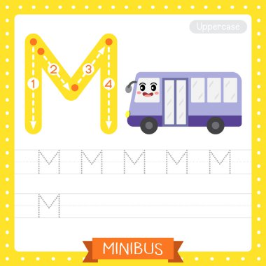 M büyük harfi şirin çocuklar renkli taşımacılık ABC alfabe takip alıştırmaları Minibus çocuklar için İngilizce kelime bilgisi ve el yazısı Vektör Illustration.