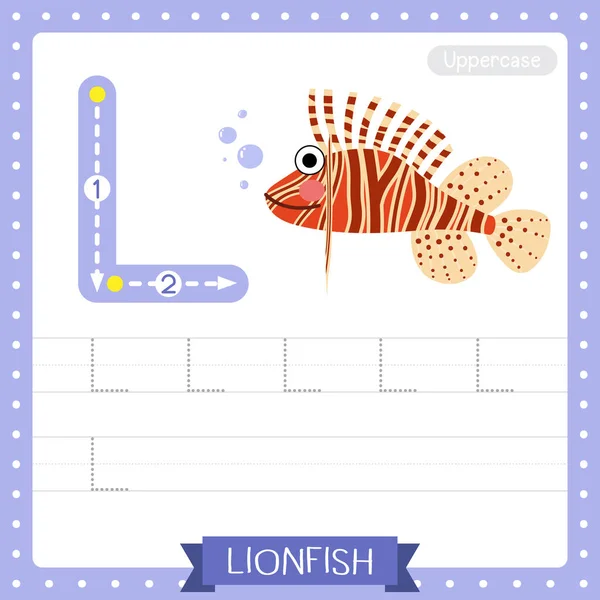 L大文字かわいい子供カラフルな動物園や動物Abcのアルファベット追跡練習ワークシート英語の語彙や手書きベクトルイラストを学ぶ子供のためのLionfish — ストックベクタ
