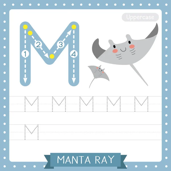 대문자귀여운 어린이 동물원 Abc 알파벳 연습을 Gray Manta Ray 단어와 — 스톡 벡터