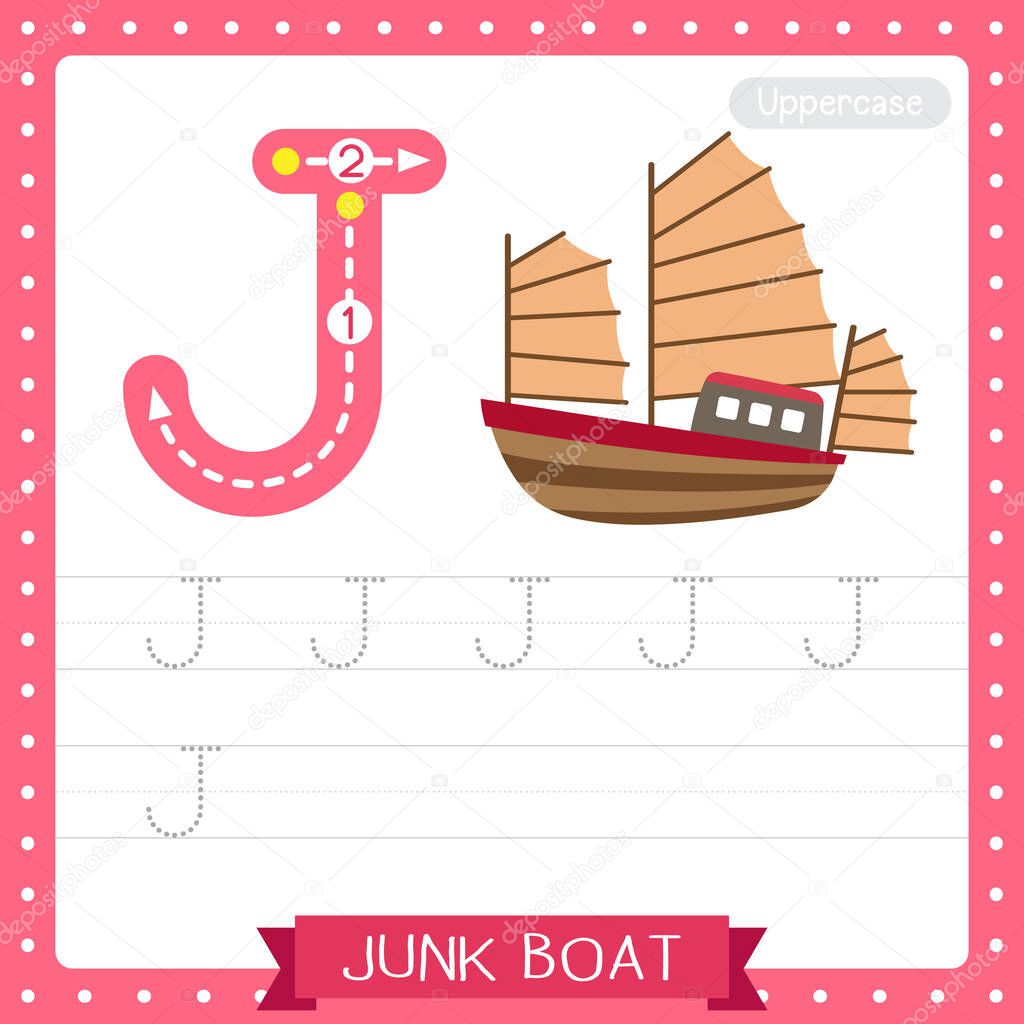 Letter J uppercase cute children colorful transportations ABC alphabet tracing practice worksheet of Junk Boat for kids learning English vocabulary and handwriting Vector Illustration.