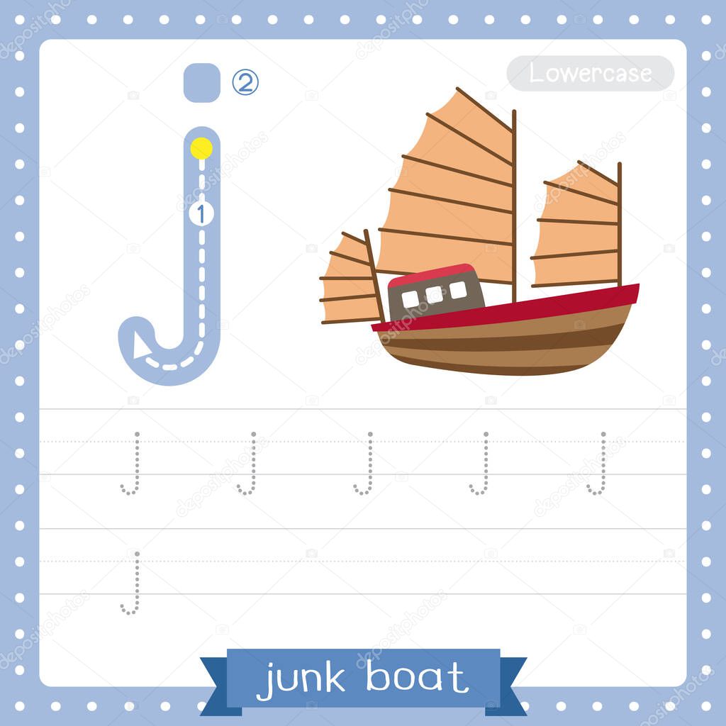 Letter J lowercase cute children colorful transportations ABC alphabet tracing practice worksheet of Junk Boat for kids learning English vocabulary and handwriting Vector Illustration.