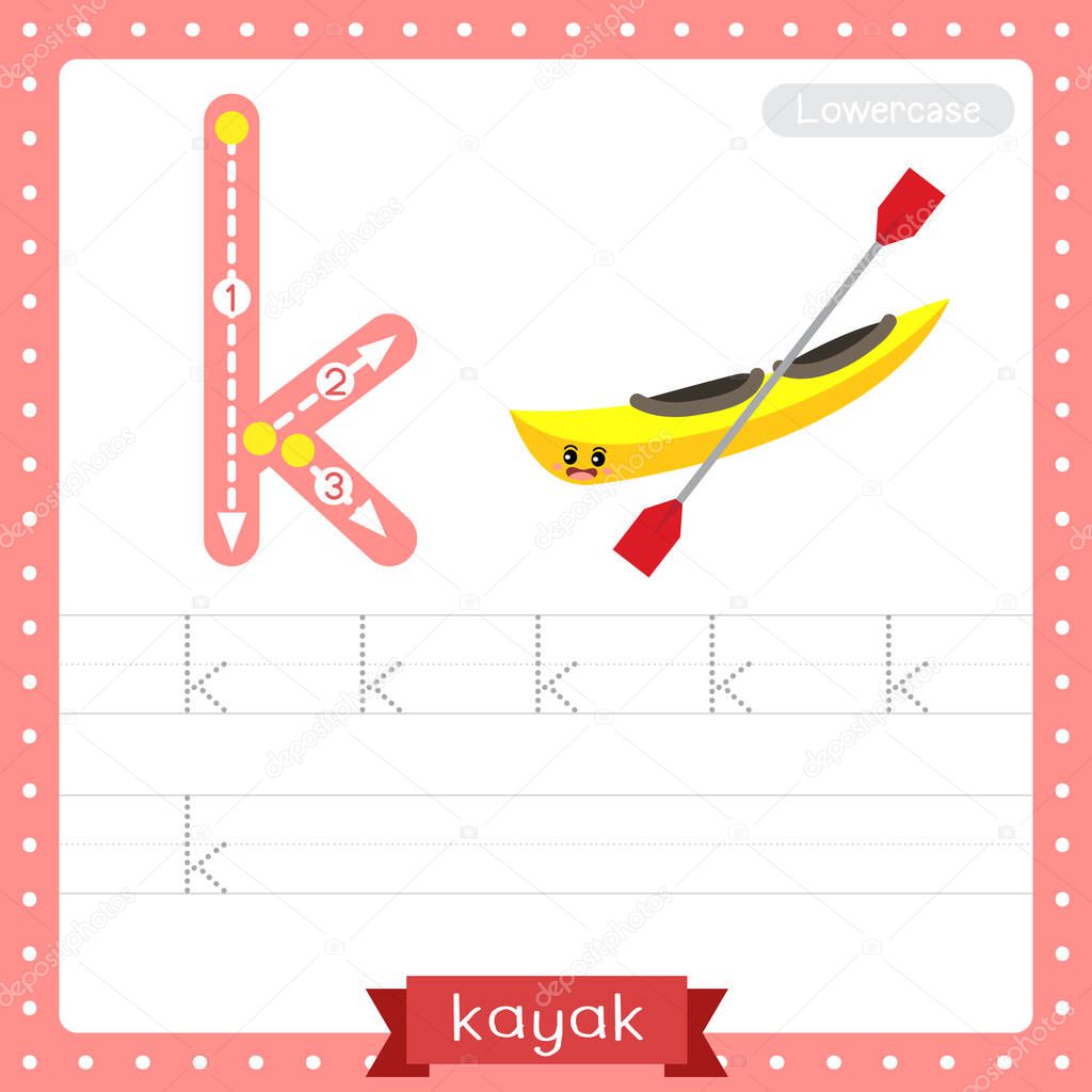 Letter K lowercase cute children colorful transportations ABC alphabet tracing practice worksheet of Kayak for kids learning English vocabulary and handwriting Vector Illustration.