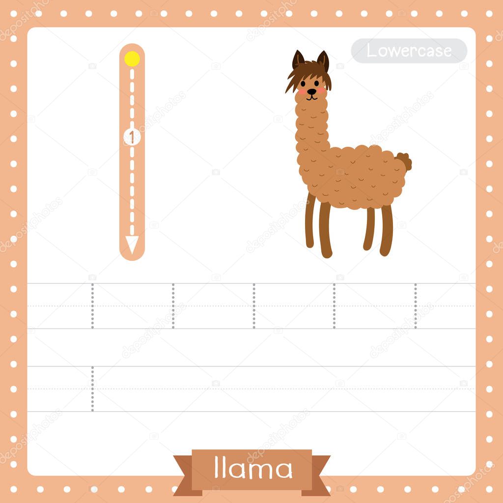 Letter L lowercase cute children colorful zoo and animals ABC alphabet tracing practice worksheet of Brown Llama for kids learning English vocabulary and handwriting vector illustration.