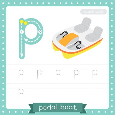 P harfi küçük çocuklar için renkli taşımacılık ABC alfabe takip uygulaması Pedal Teknesi çocuklar için İngilizce kelime dağarcığı ve el yazısı Vektörü Illustration.