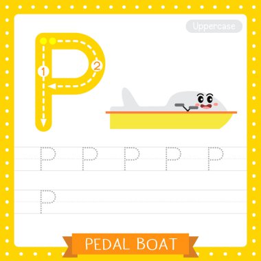 P büyük harfi şirin çocuklar renkli taşımacılık ABC alfabe takip uygulaması Pedal Boat çocuklar için İngilizce kelime bilgisi ve el yazısı Vektör Illustration.