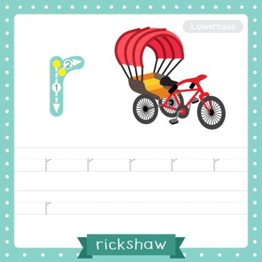 Letter R lowercase cute children colorful transportations ABC alphabet tracing practice worksheet of Rickshaw for kids learning English vocabulary and handwriting Vector Illustration. clipart
