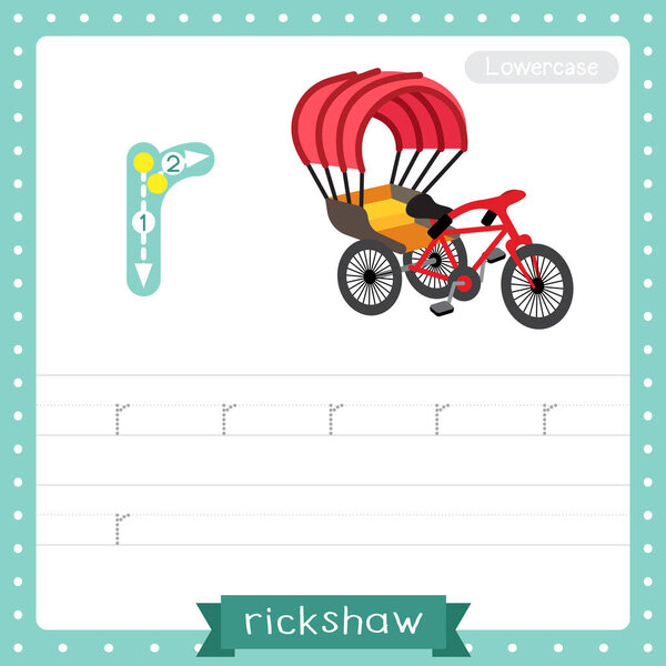Letter R lowercase cute children colorful transportations ABC alphabet tracing practice worksheet of Rickshaw for kids learning English vocabulary and handwriting Vector Illustration.