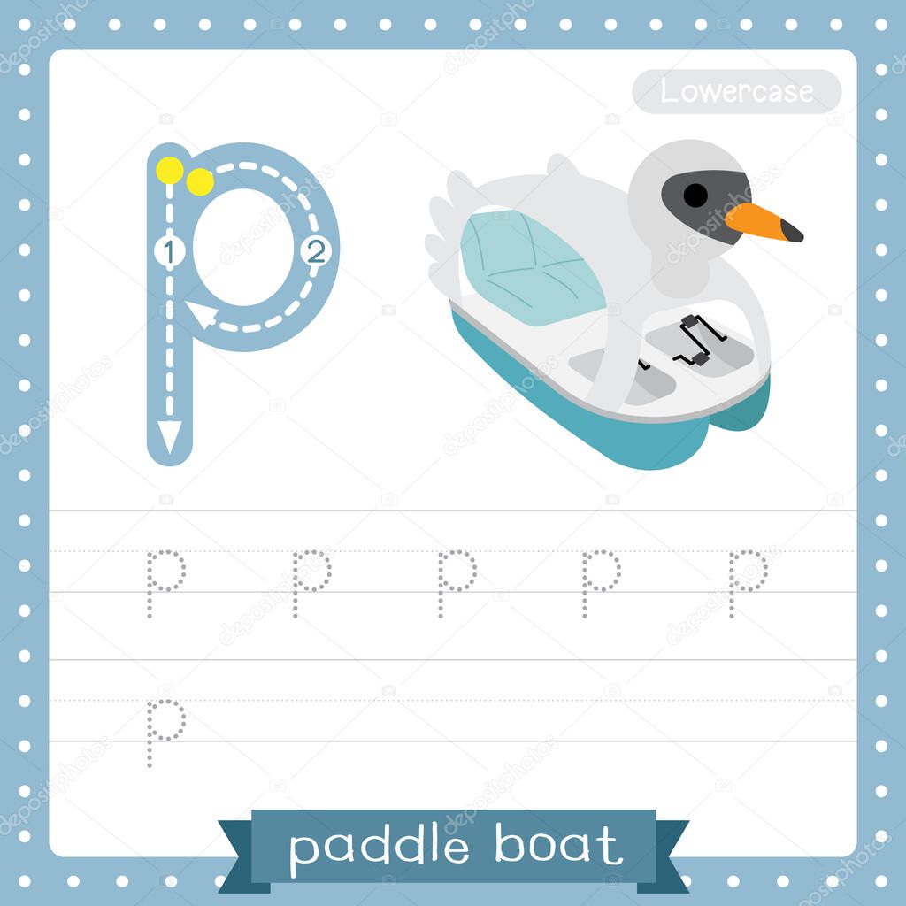 Letter P lowercase cute children colorful transportations ABC alphabet tracing practice worksheet of Paddle Boat for kids learning English vocabulary and handwriting Vector Illustration.