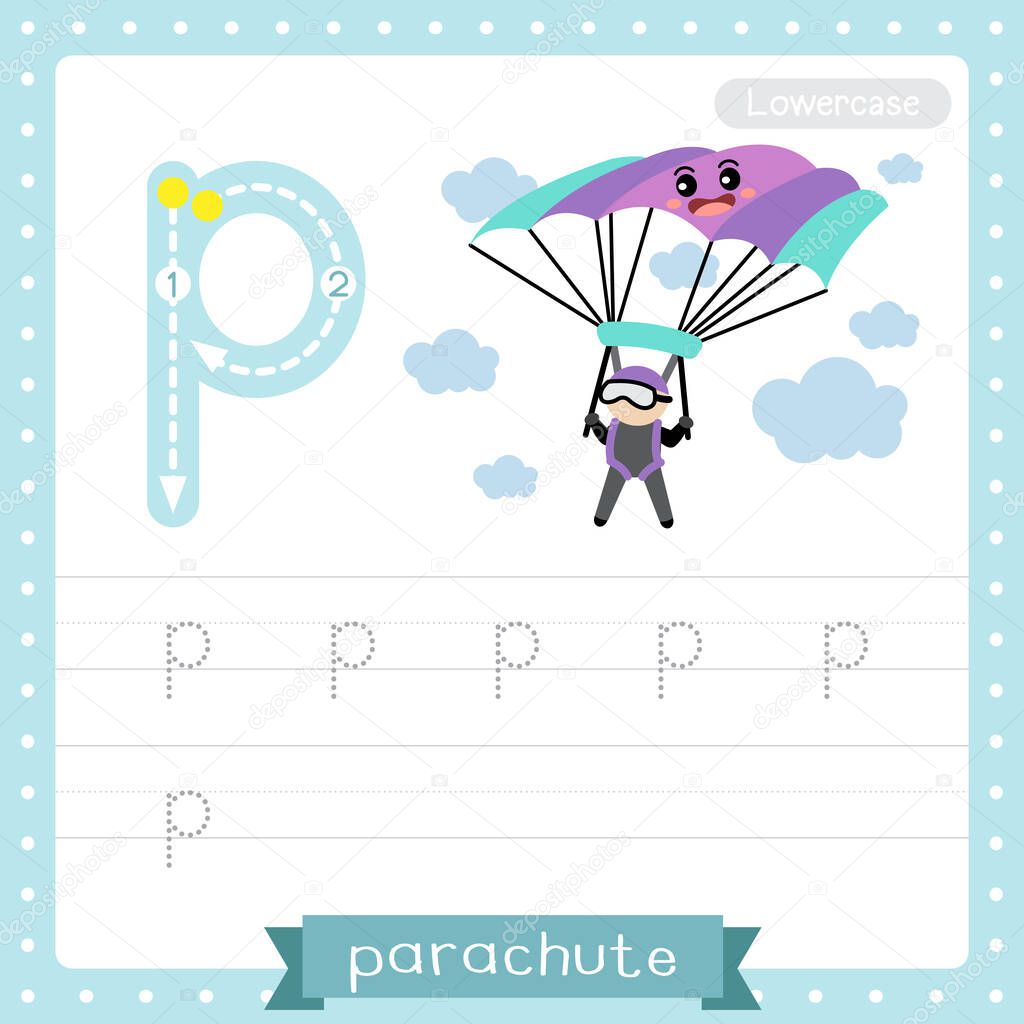 Letter P lowercase cute children colorful transportations ABC alphabet tracing practice worksheet of Parachute for kids learning English vocabulary and handwriting Vector Illustration.