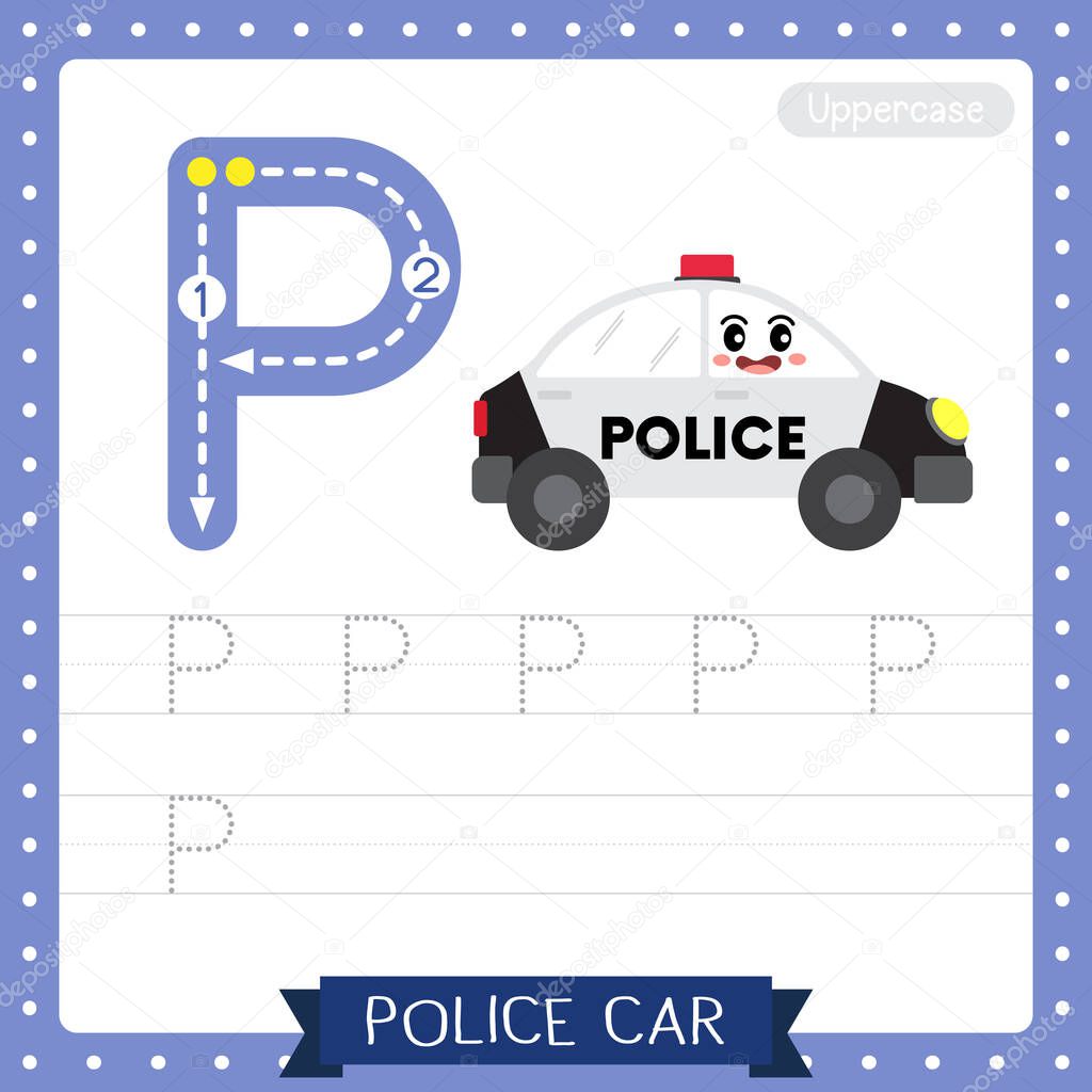 Letter P uppercase cute children colorful transportations ABC alphabet tracing practice worksheet of Police Car for kids learning English vocabulary and handwriting Vector Illustration.