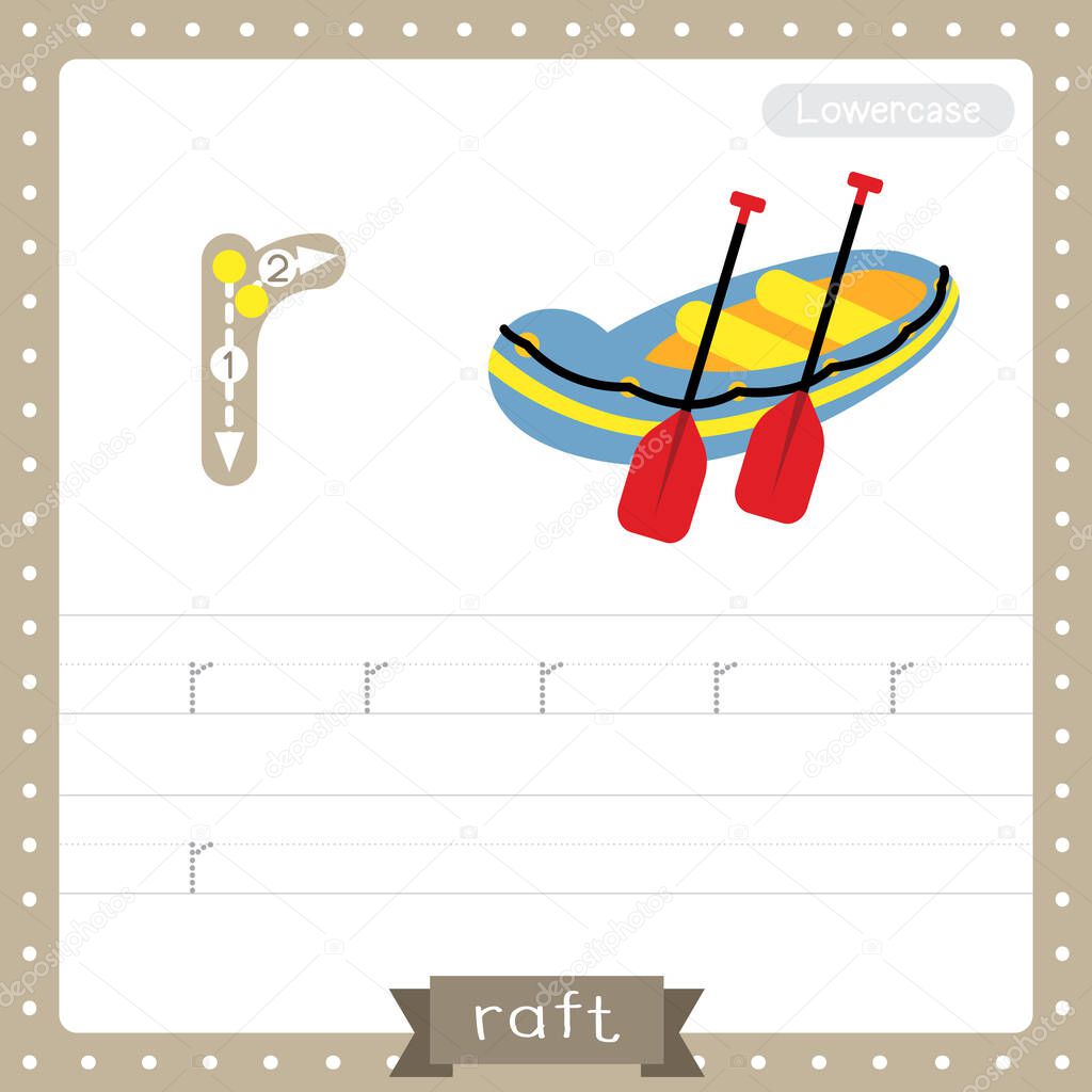 Letter R lowercase cute children colorful transportations ABC alphabet tracing practice worksheet of Raft for kids learning English vocabulary and handwriting Vector Illustration.