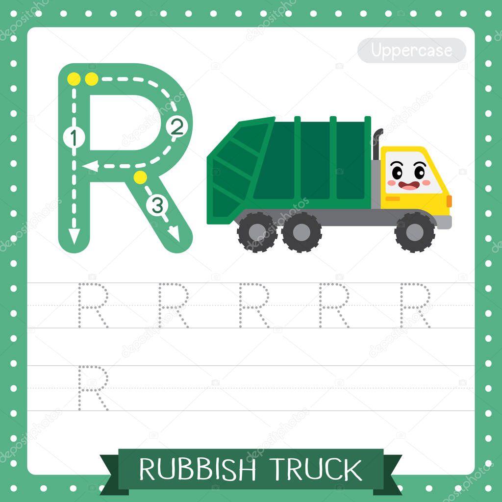 Letter R uppercase cute children colorful transportations ABC alphabet tracing practice worksheet of Rubbish Truck for kids learning English vocabulary and handwriting Vector Illustration.