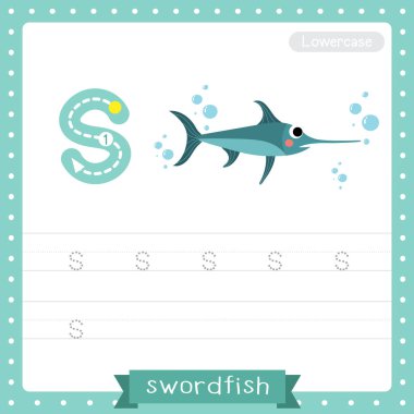 Letter S lowercase cute children colorful zoo and animals ABC alphabet tracing practice worksheet of Swordfish for kids learning English vocabulary and handwriting vector illustration. clipart