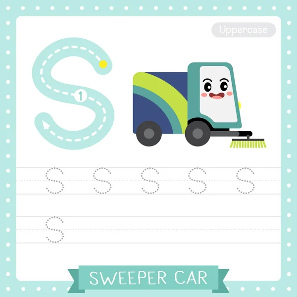 List Uppercase Cute Children Kolorowe Transporty Abc Alfabet Śledzenie Arkusza — Wektor stockowy