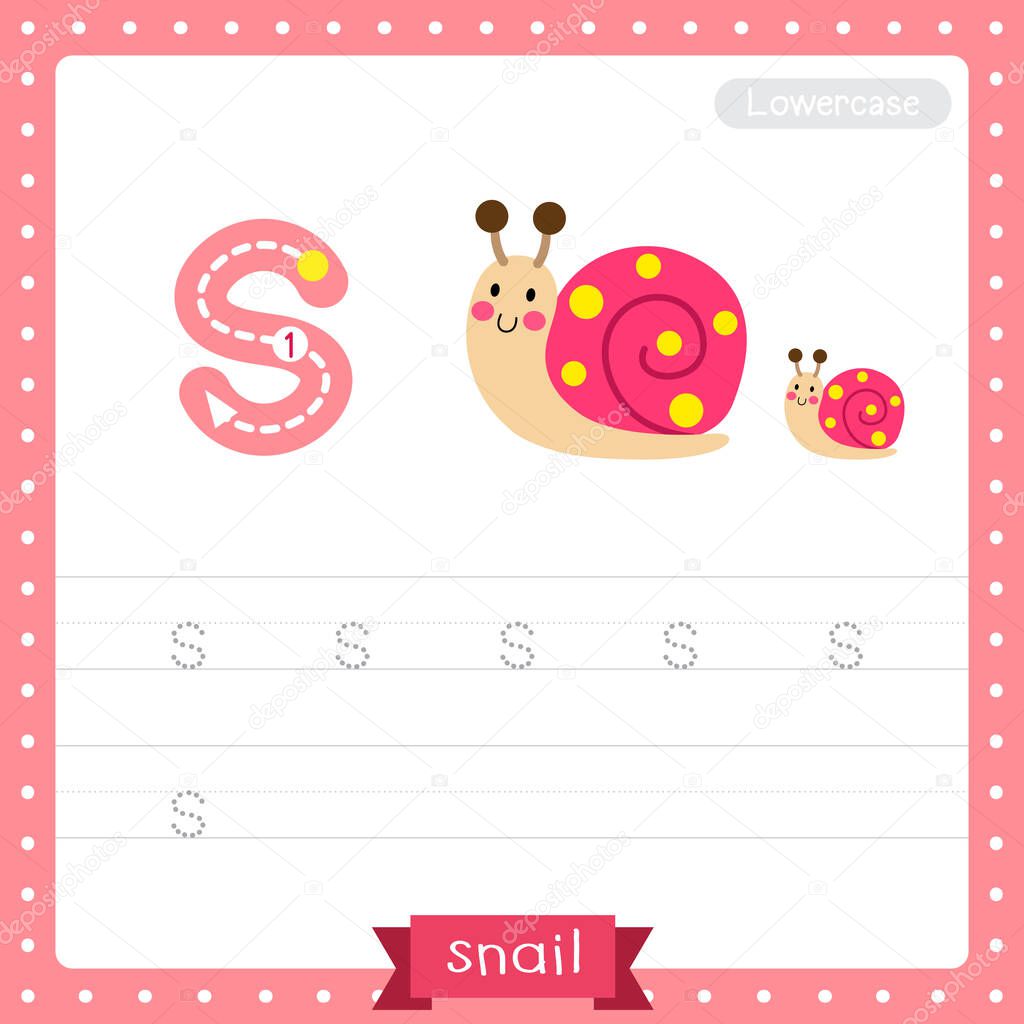 Letter S lowercase cute children colorful zoo and animals ABC alphabet tracing practice worksheet of Colorful Snail for kids learning English vocabulary and handwriting vector illustration.