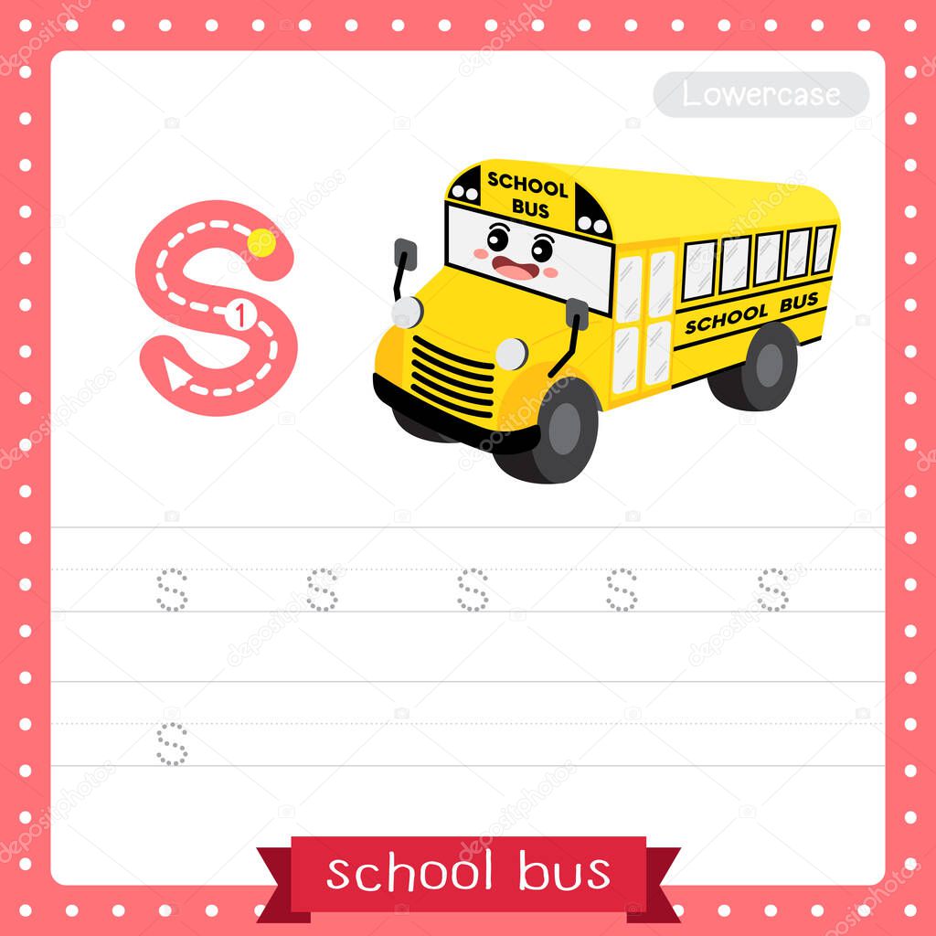 Letter S lowercase cute children colorful transportations ABC alphabet tracing practice worksheet of School Bus for kids learning English vocabulary and handwriting Vector Illustration.