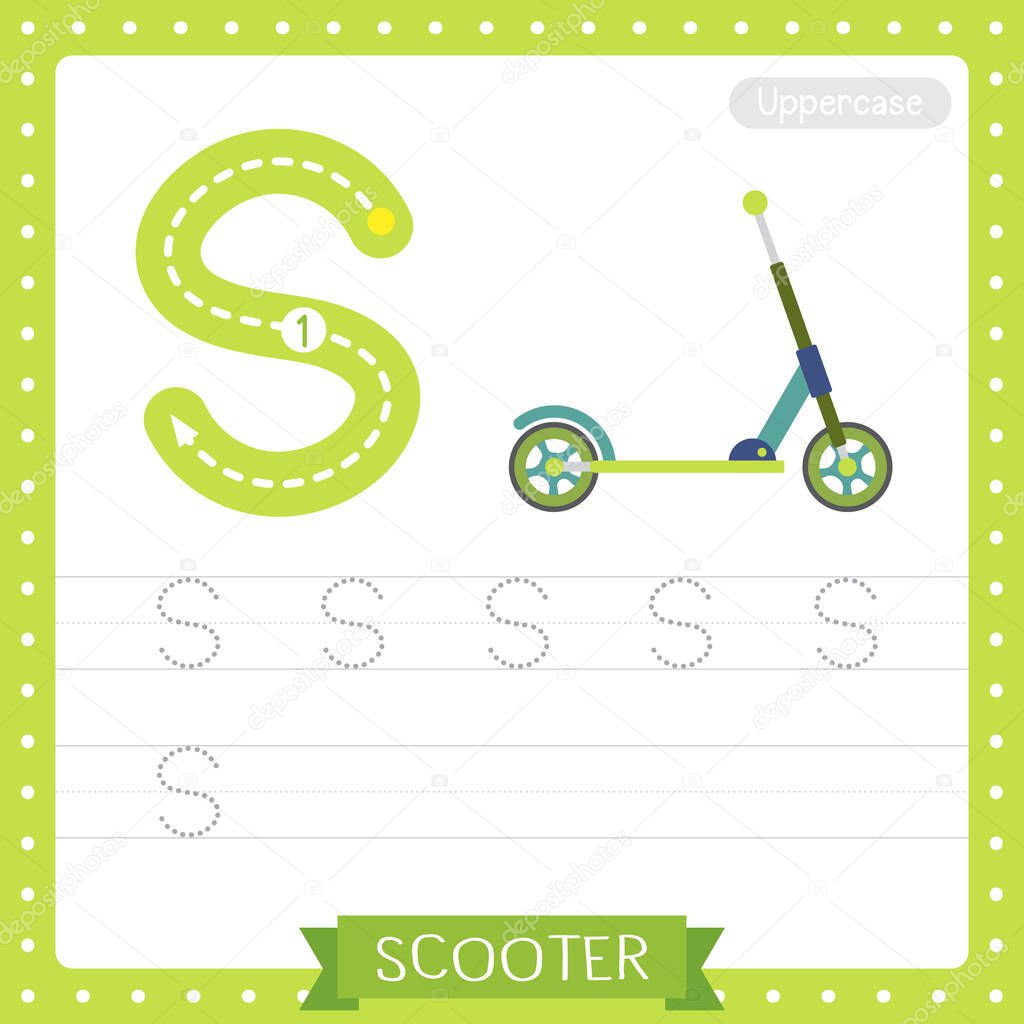 Letter S uppercase cute children colorful transportations ABC alphabet tracing practice worksheet of Scooter for kids learning English vocabulary and handwriting Vector Illustration.