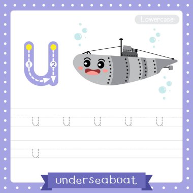 Letter U lowercase cute children colorful transportations ABC alphabet tracing practice worksheet of U-Boat for kids learning English vocabulary and handwriting Vector Illustration. clipart