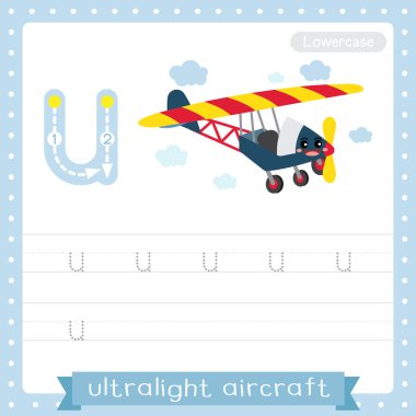 U harfi küçük çocuklar için renkli taşımacılık ABC alfabe takip uygulaması çocuklar için Ultralight Aircraft İngilizce kelime bilgisi ve el yazısı Vektör Illustration.