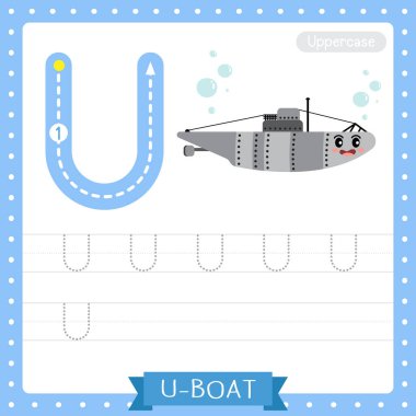 Letter U uppercase cute children colorful transportations ABC alphabet tracing practice worksheet of U-Boat for kids learning English vocabulary and handwriting Vector Illustration. clipart