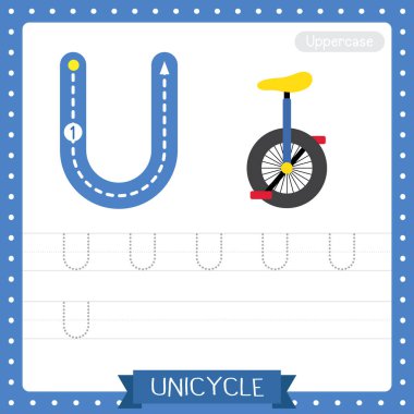 U büyük harfi şirin çocuklar renkli ulaşım ABC alfabe takip uygulaması İngilizce kelime dağarcığı ve el yazısı Vektör Illustration öğrenen çocuklar için Unicycle uygulaması.