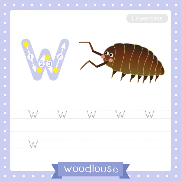 소문자귀여운 어린이 동물원 Abc 알파벳 연습을 우드하우스 Woodlouse 단어와 그림을 — 스톡 벡터