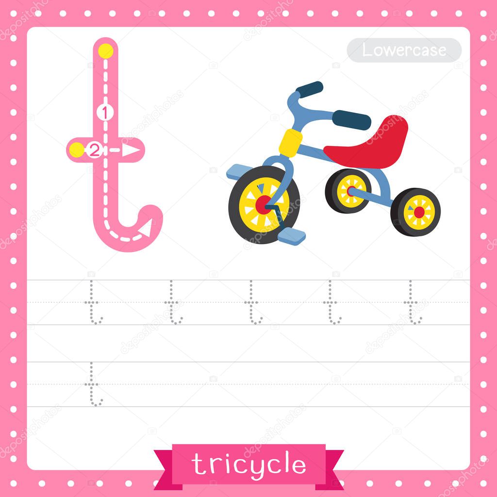 Letter T lowercase cute children colorful transportations ABC alphabet tracing practice worksheet of Children's Tricycle for kids learning English vocabulary and handwriting Vector Illustration.