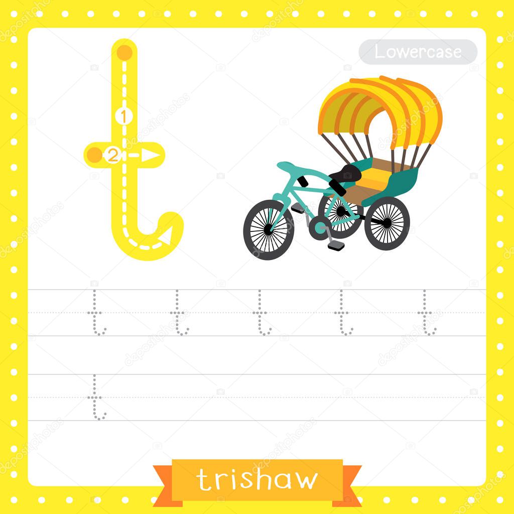 Letter T lowercase cute children colorful transportations ABC alphabet tracing practice worksheet of Trishaw for kids learning English vocabulary and handwriting Vector Illustration.