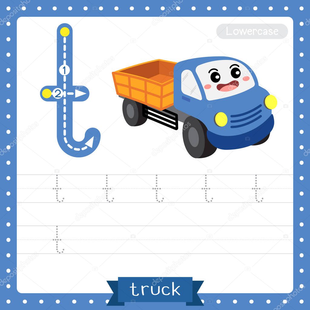 Letter T lowercase cute children colorful transportations ABC alphabet tracing practice worksheet of Truck for kids learning English vocabulary and handwriting Vector Illustration.