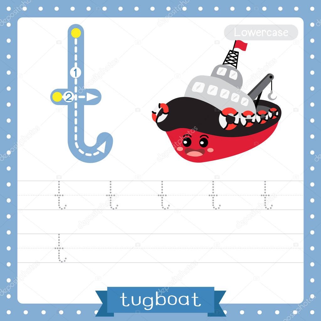Letter T lowercase cute children colorful transportations ABC alphabet tracing practice worksheet of Tugboat for kids learning English vocabulary and handwriting Vector Illustration.