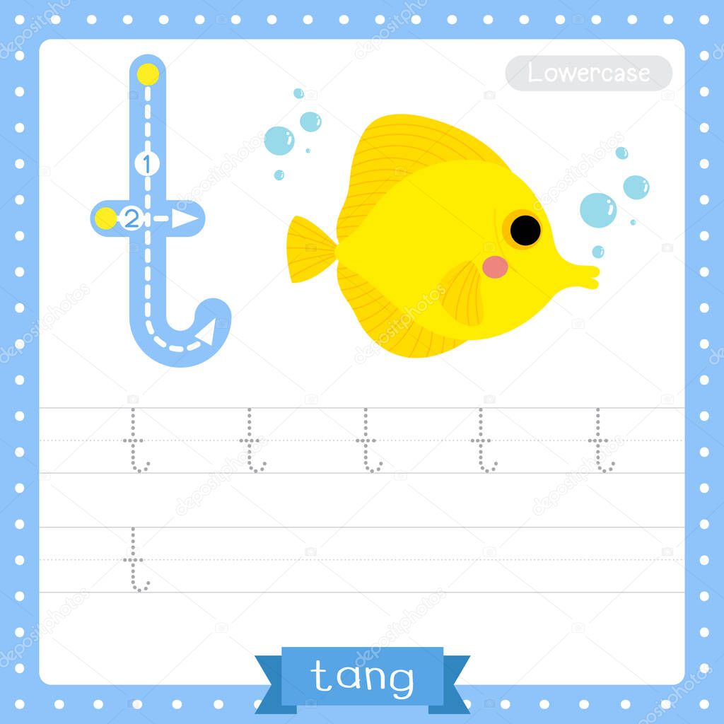 Letter T lowercase cute children colorful zoo and animals ABC alphabet tracing practice worksheet of Yellow Tang fish for kids learning English vocabulary and handwriting vector illustration.
