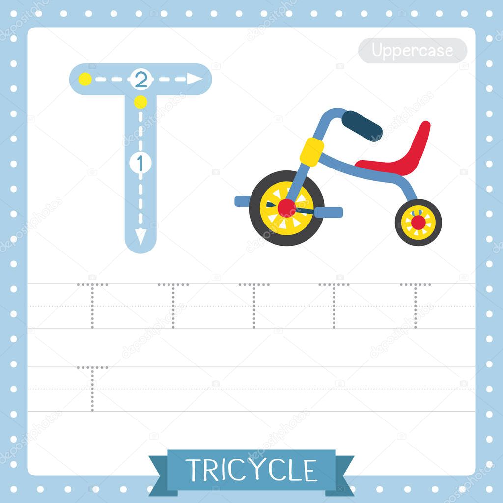 Letter T uppercase cute children colorful transportations ABC alphabet tracing practice worksheet of Children's Tricycle for kids learning English vocabulary and handwriting Vector Illustration.