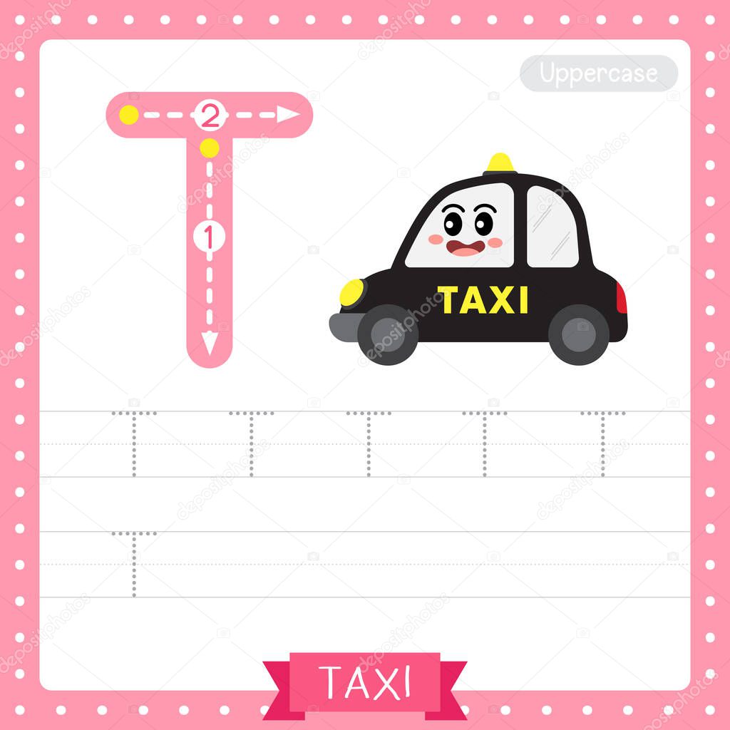 Letter T uppercase cute children colorful transportations ABC alphabet tracing practice worksheet of Taxi for kids learning English vocabulary and handwriting Vector Illustration.